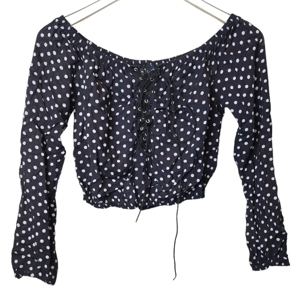Windsor Lace Up Polka Dot Crop Top - Black/White, Small